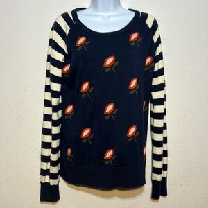 Love Hanna Floral Print Crewneck Stripped Sleeves Sweater Size XL Cottage Core